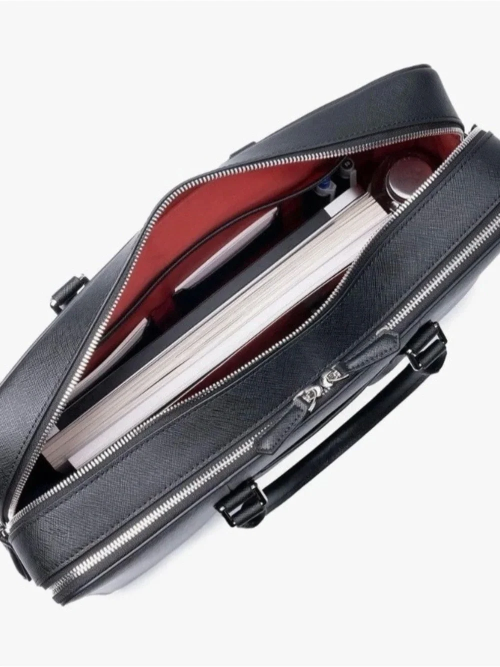 Maverick & Co Manhattan Double Zip Leather Briefcase Black/Red